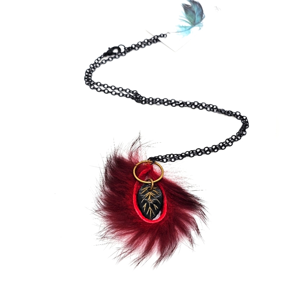 NWT Buebird Soft & Sensual Scarlet Rabbit Fur Necklace w Black Chain.